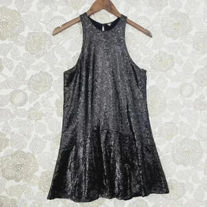 Free People Sequins High neck sleeveless Keyhole Mini Dress Flare  Black S